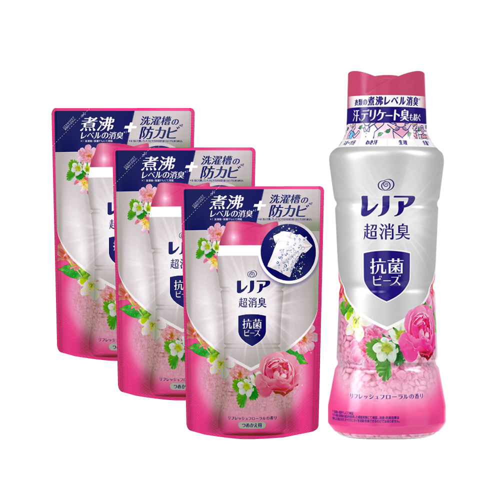 (1+3超值組)日本P&G Lenor-超消臭衣物除臭顆粒香香豆490ml/瓶*1+補充包430ml/袋