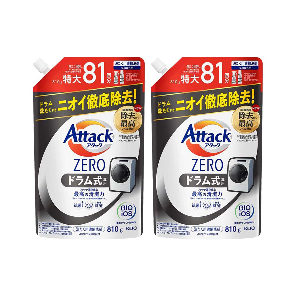 (2袋超值組)日本KAO花王-Attack ZERO極淨超濃縮洗衣精補充包810g/袋-滾筒式洗