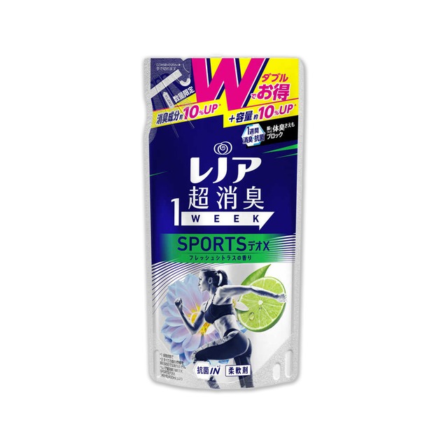 日本P&G Lenor 蘭諾-運動衣物超消臭香氛柔軟精補充包440ml-檸檬香深藍袋