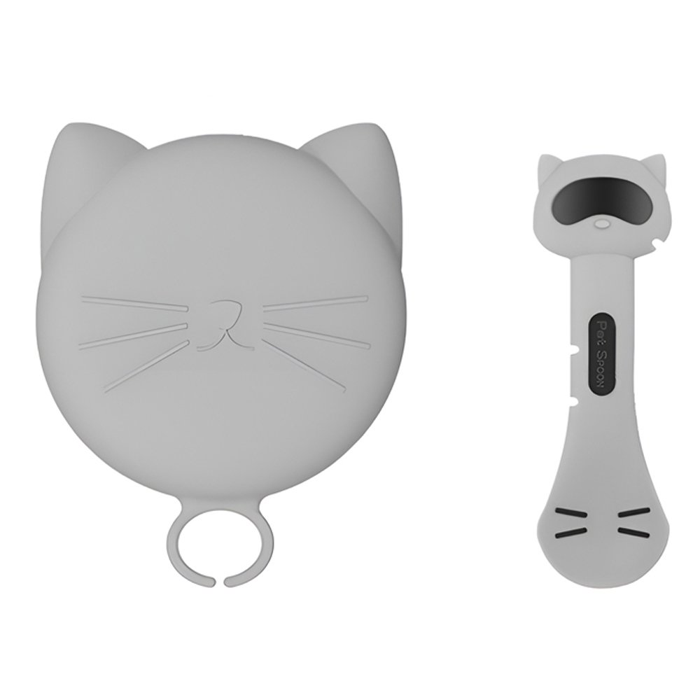 貓臉造型寵物密封罐頭蓋+多功能罐頭勺(質感灰)