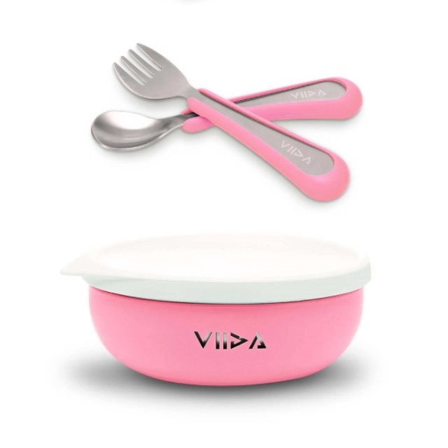 台灣 VIIDA Souffle抗菌不鏽鋼餐碗+小童叉匙組(5色可選)-粉