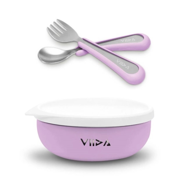台灣 VIIDA Souffle抗菌不鏽鋼餐碗+小童叉匙組(5色可選)-紫