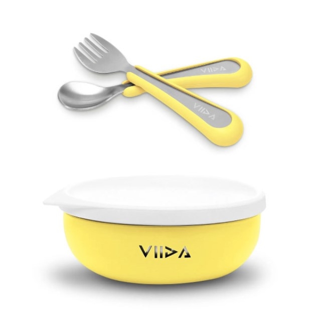 台灣 VIIDA Souffle抗菌不鏽鋼餐碗+小童叉匙組(5色可選)-黃