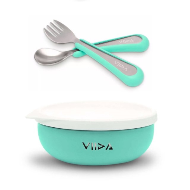 台灣 VIIDA Souffle抗菌不鏽鋼餐碗+小童叉匙組(5色可選)-綠