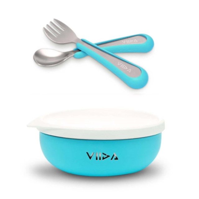 台灣 VIIDA Souffle抗菌不鏽鋼餐碗+小童叉匙組(5色可選)-藍