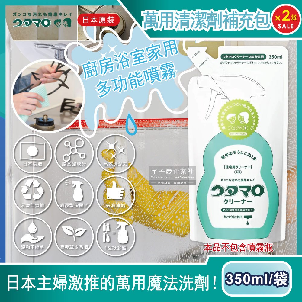 (2袋)日本Utamaro東邦歌磨-居家廚房浴室家事萬用清潔劑補充包350ml/袋(不包