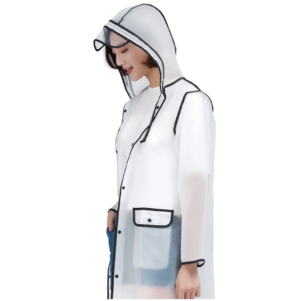 生活良品-時尚男女風衣型EVA環保透明雨衣(黑邊款)1入/袋(附防水手提收納