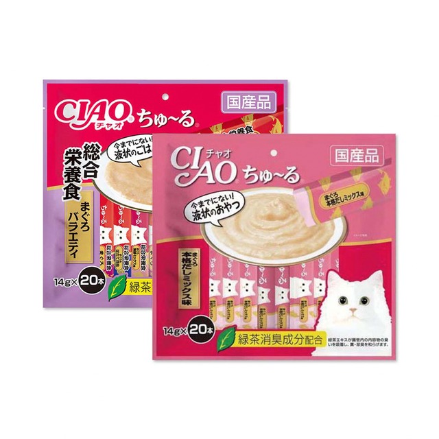 (2袋組)日本CIAO-貓咪營養肉泥流質點心20入/袋-鮪魚鰹魚(粉紅)+營養綜合鮪