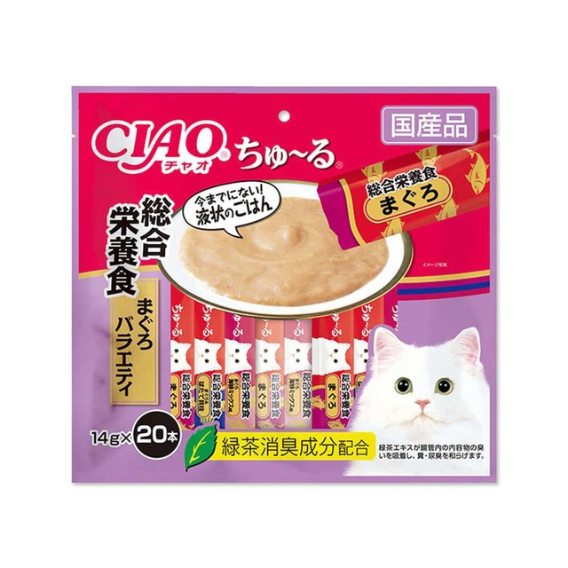 日本CIAO-啾嚕貓咪營養肉泥幫助消化寵物補水流質點心20入/袋-營養綜合鮪