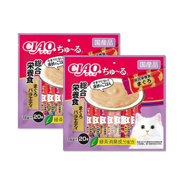 (2袋組)日本CIAO-啾嚕貓咪營養肉泥寵物補水流質點心20入/袋-營養綜合鮪魚