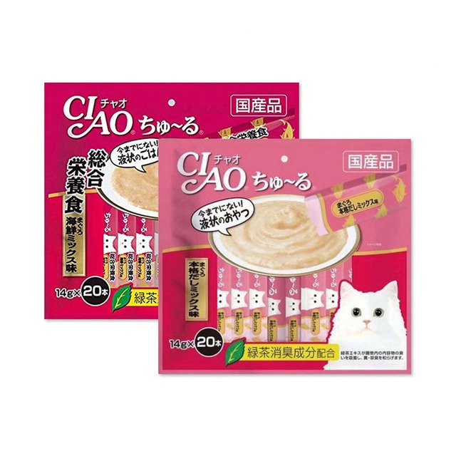 (2袋組)日本CIAO-貓咪營養肉泥流質點心20入/袋-鮪魚鰹魚(粉紅)+營養鮪魚海