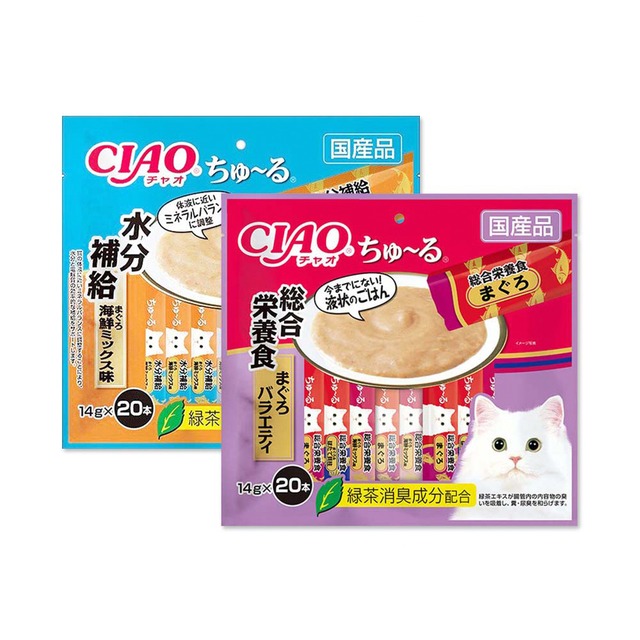 (2袋組)日本CIAO-貓咪營養肉泥點心20入/袋-營養綜合鮪魚(紫紅)+補水鮪魚海