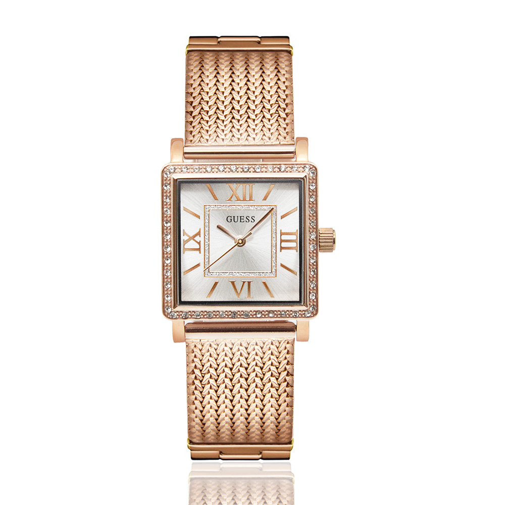 GUESS 白面 玫瑰金殼 米蘭+不鏽鋼錶帶 方型腕錶 - W0826L3