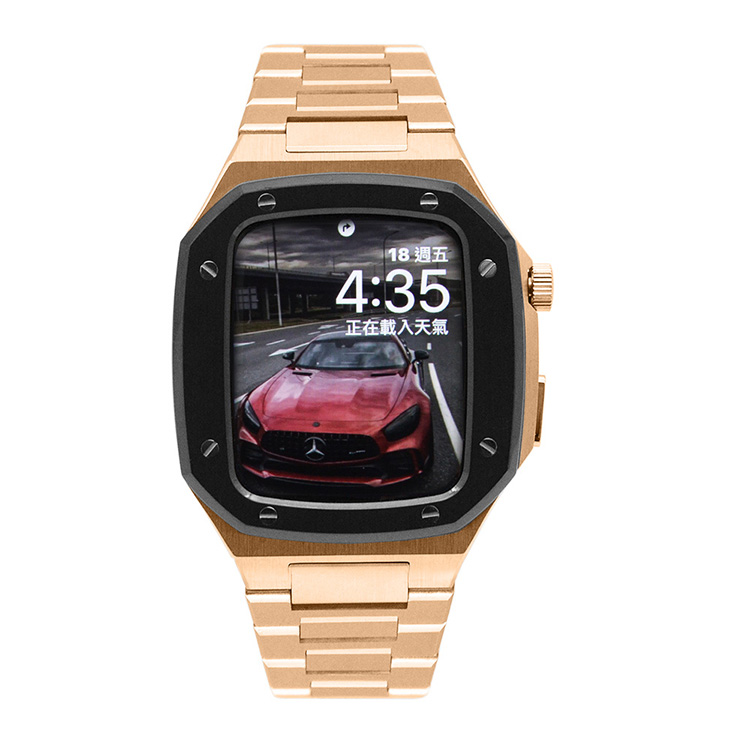 Apple Watch 4/5/6/7/SE 蘋果手錶保護殼 7代專用 黑框x玫瑰金錶帶全不鏽鋼 45(45