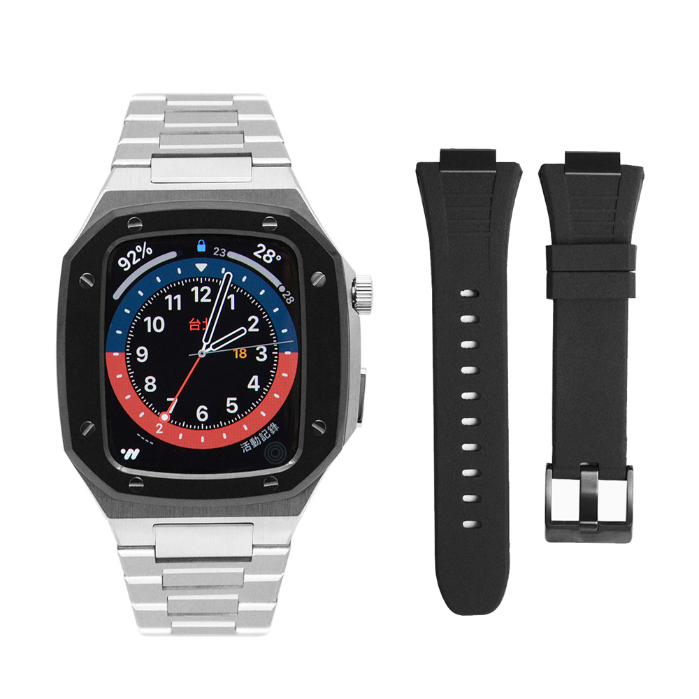 Apple Watch 蘋果手錶保護殼 7代專用 黑框銀色x全不鏽鋼+矽膠錶帶套組(black