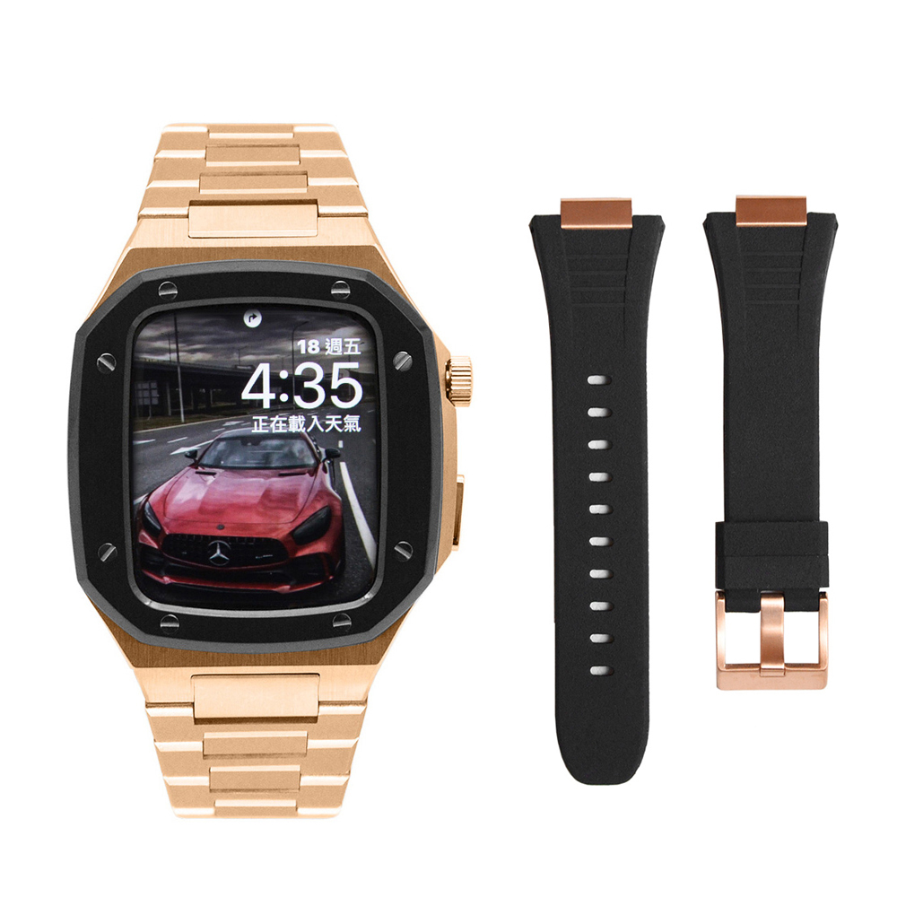 Apple Watch 蘋果手錶保護殼 7代專用 黑框玫瑰金x全不鏽鋼+矽膠錶帶套組(ros
