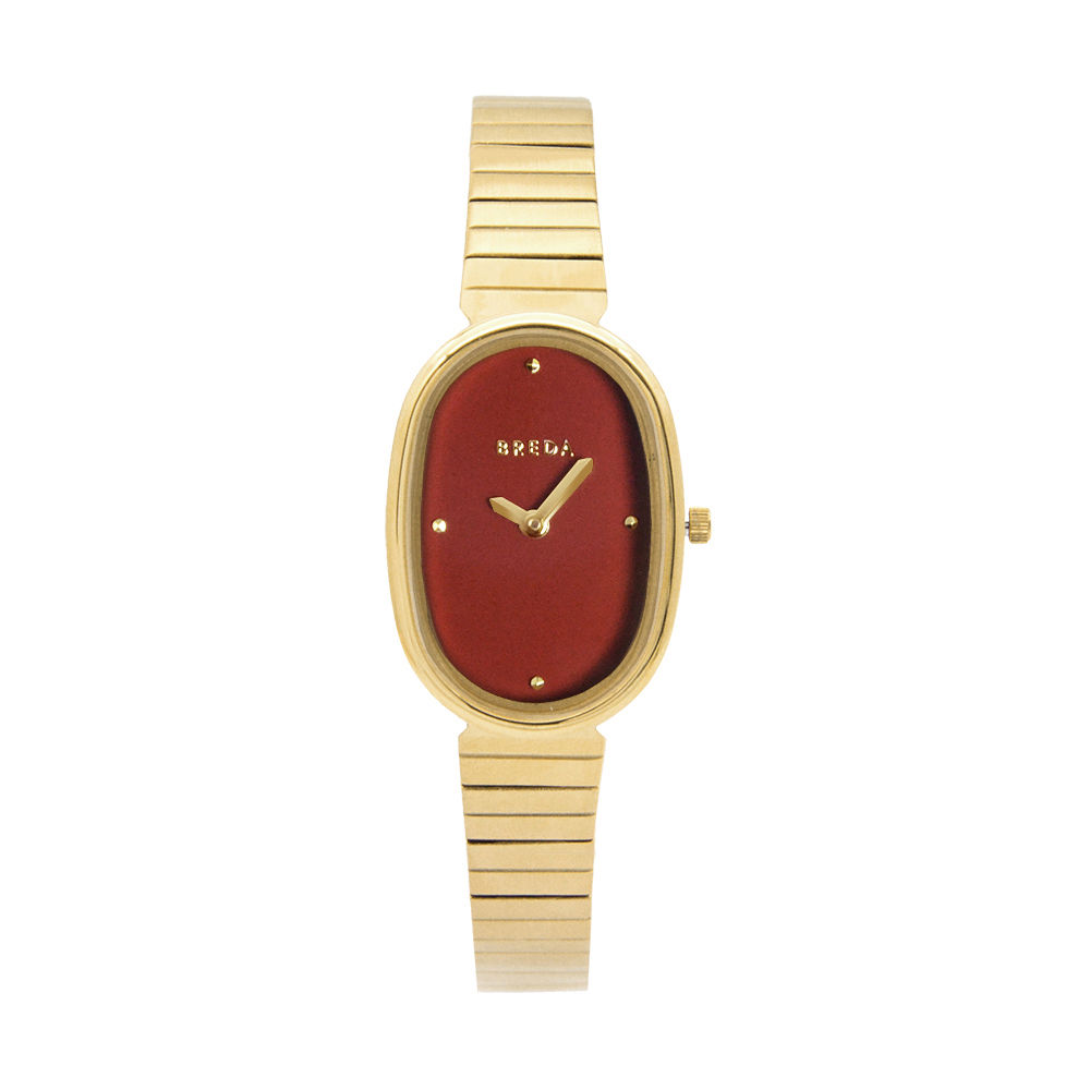 【BREDA】橢圓形金殼 橘紅面 金色不鏽鋼錶帶(1741K)