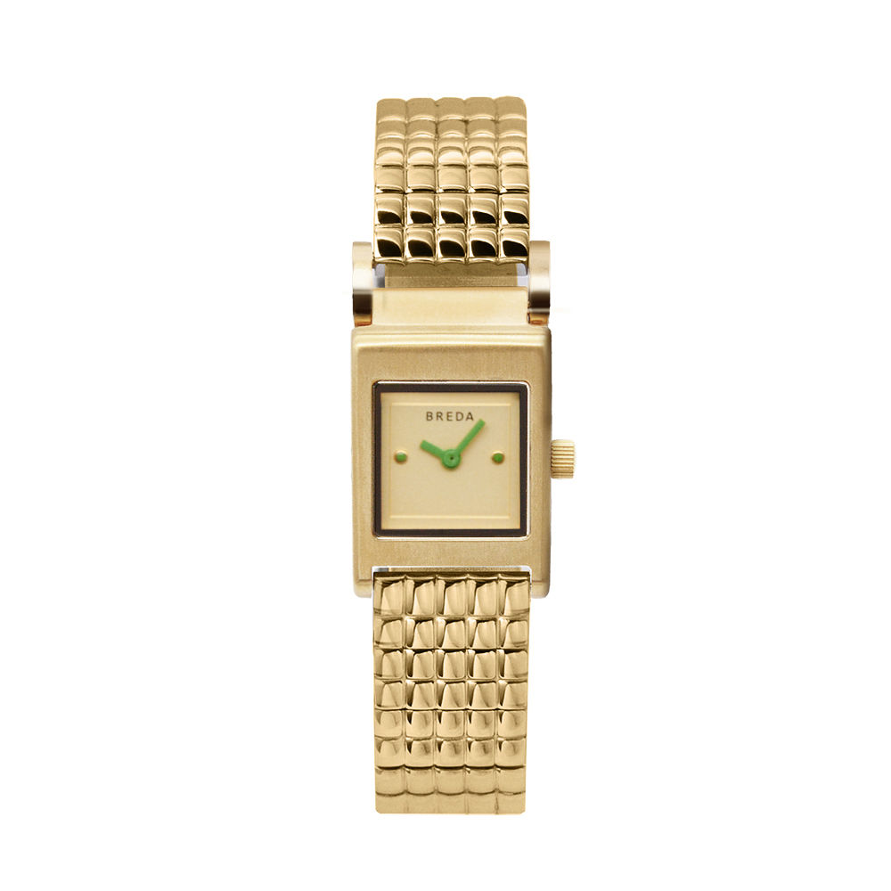 【BREDA】REVEL系列設計 金框方形錶殼 綠指針 鍍金錶帶 腕錶(1746C)