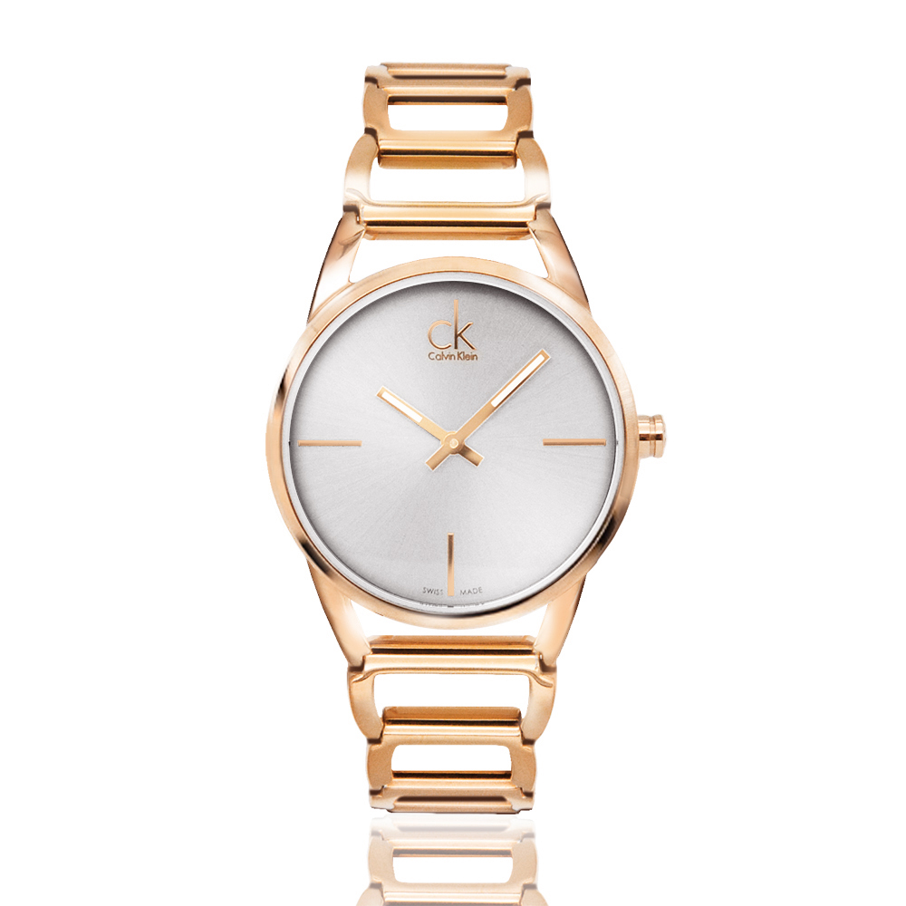 【Calvin Klein 凱文克萊】CK 玫瑰金殼 白面 簡約簍空鏈帶腕錶 (K3G23626)