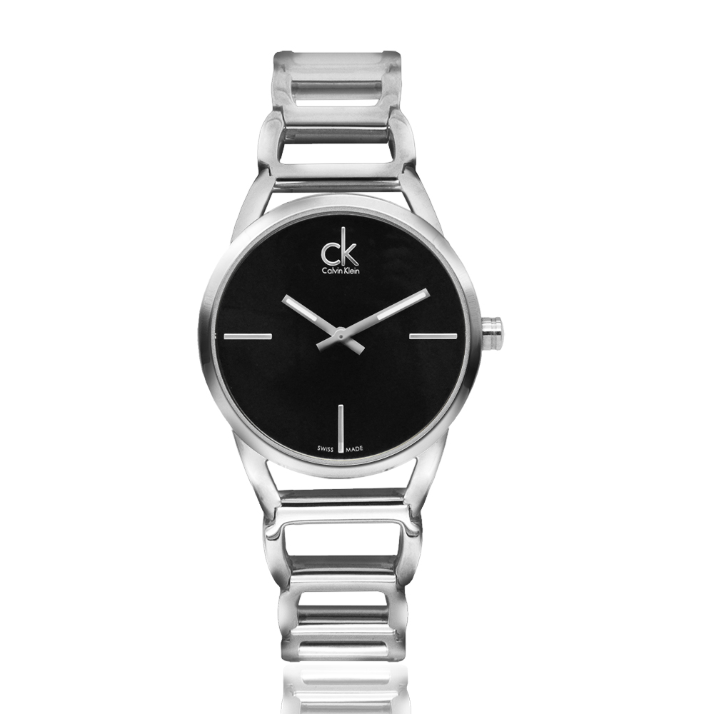 【Calvin Klein 凱文克萊】CK 白鋼殼 黑面 簡約簍空鏈帶腕錶 (K3G23121)