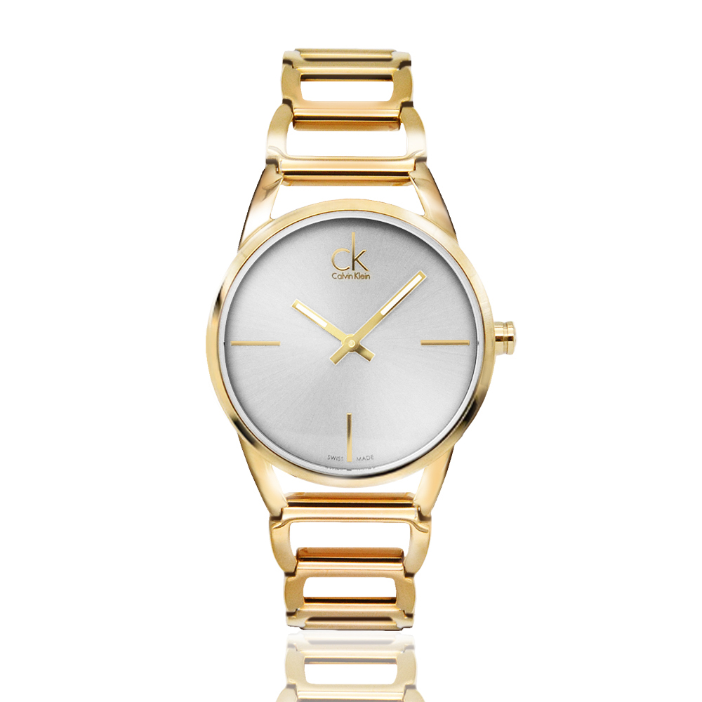 【Calvin Klein 凱文克萊】CK 金殼 白面 簡約簍空鏈帶腕錶 (K3G23526)