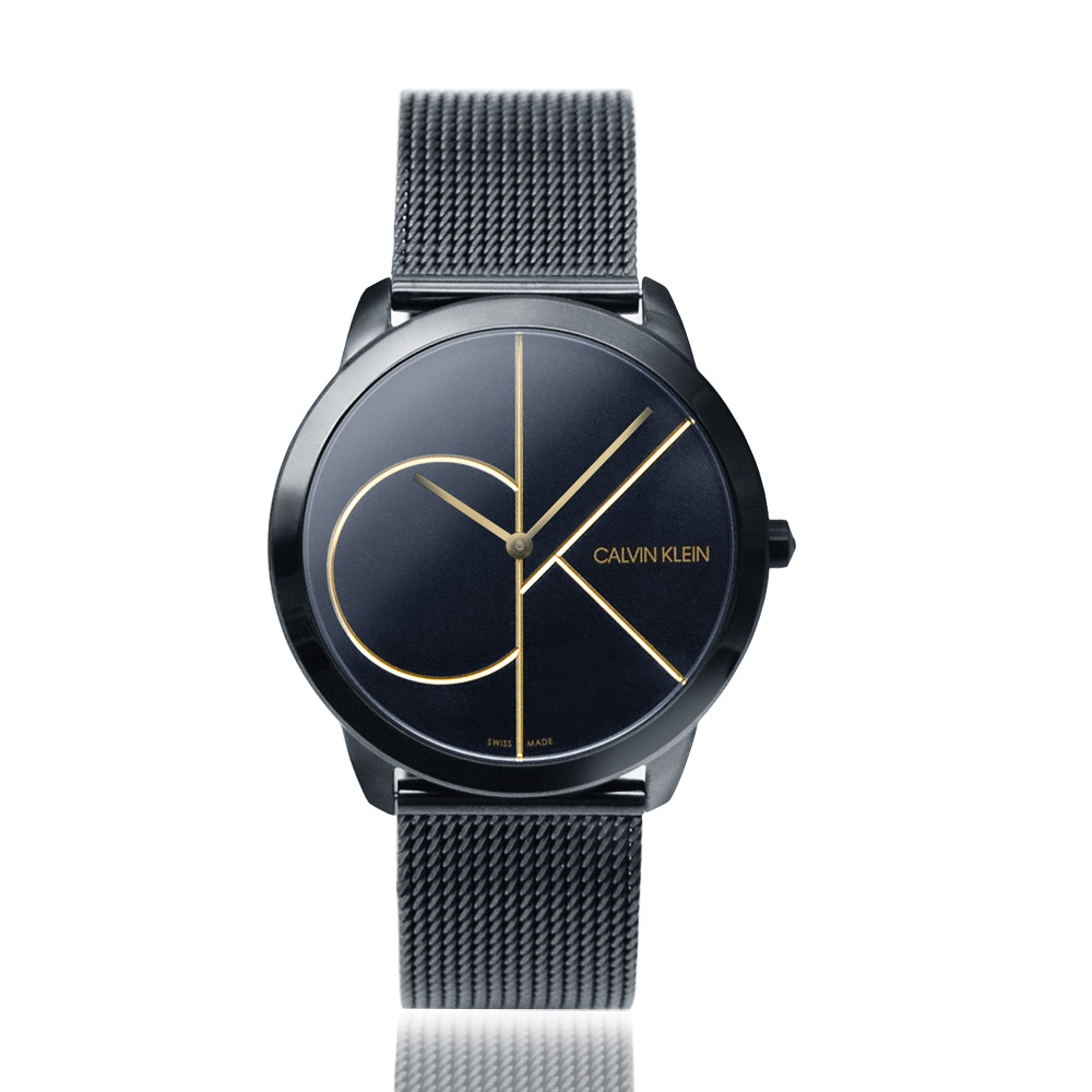 【Calvin Klein 凱文克萊】minimal系列 大CK 黑殼 黑面 簡約米蘭帶腕錶 (K3M214X1