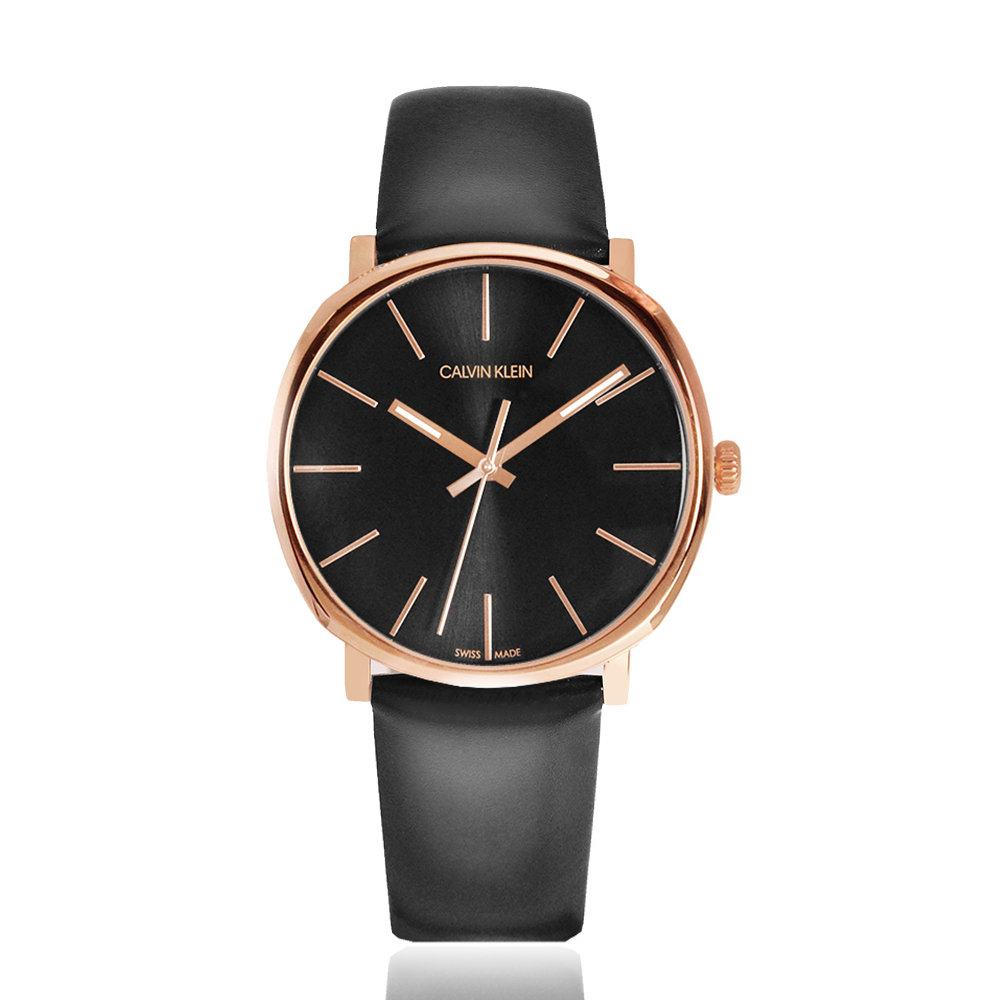 Calvin Klein 美國原廠平行輸入 CK紳士簡約三針皮帶手錶-黑x玫瑰金 K8Q316C3