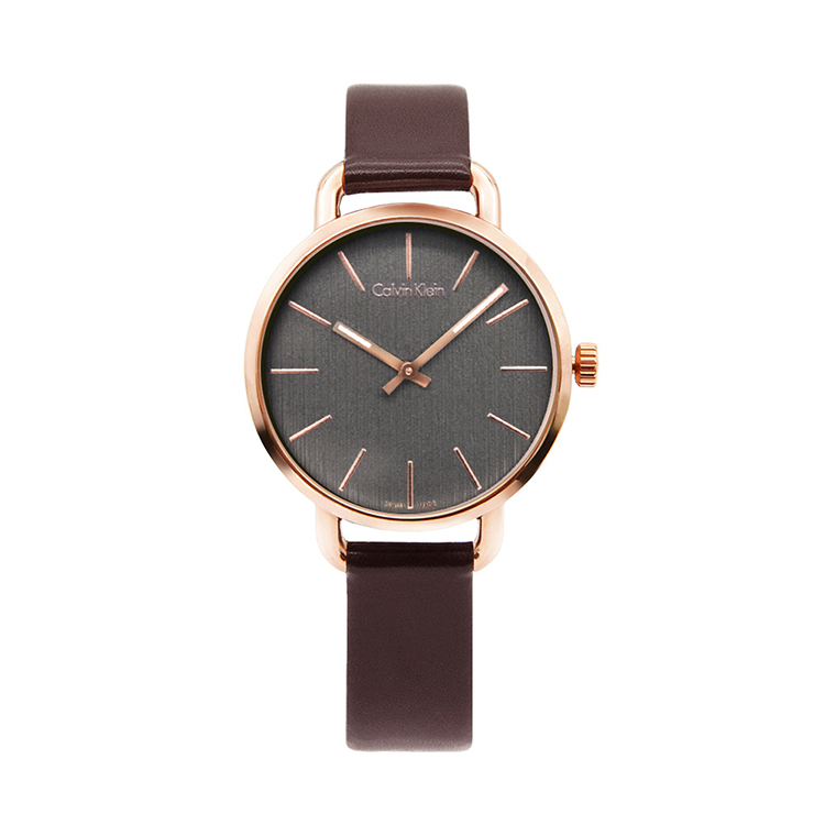 【Calvin Klein 凱文克萊】EVEN系列 木質灰面 玫瑰金殼 深咖啡色錶帶 CK錶-36m