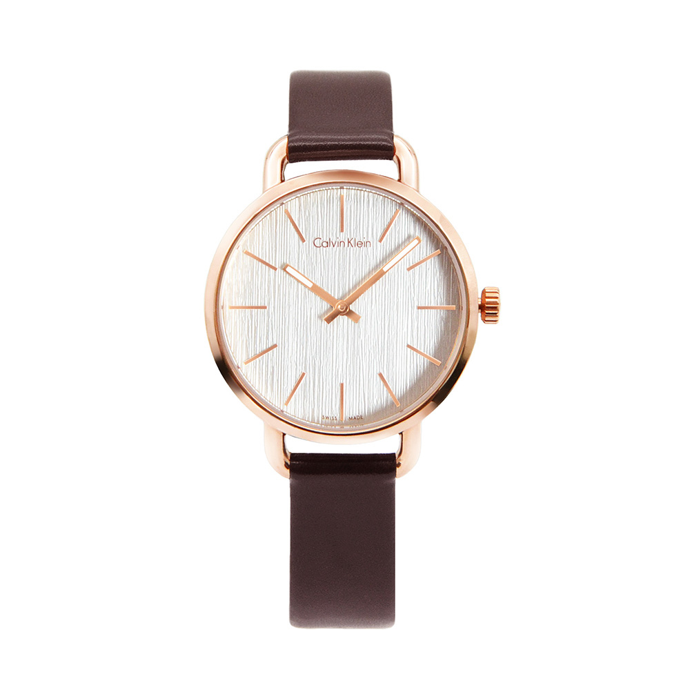 【Calvin Klein 凱文克萊】EVEN系列 木質米白面 玫瑰金殼 深咖啡色錶帶 CK錶(