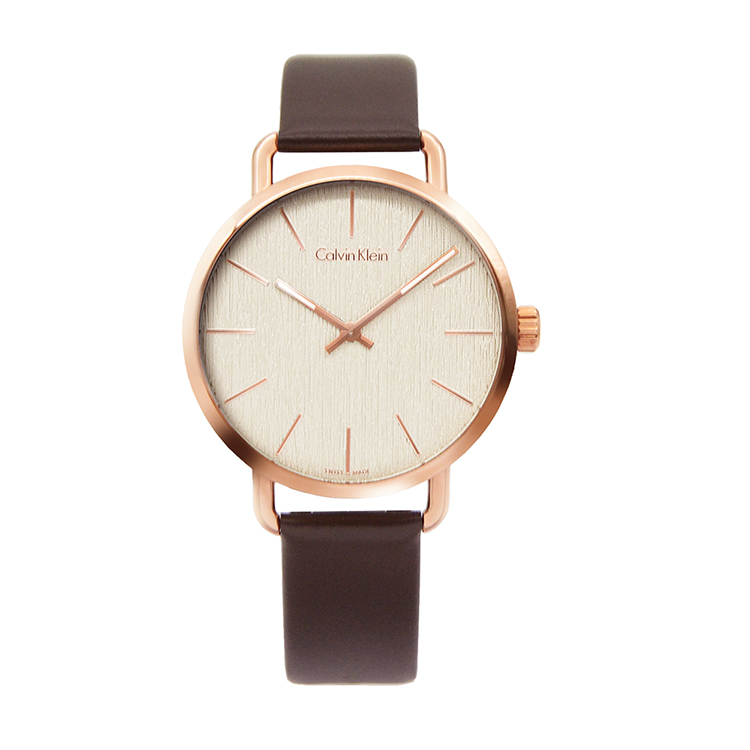 【Calvin Klein 凱文克萊】EVEN系列 木質米白面 玫瑰金殼 深咖啡色錶帶 CK錶-