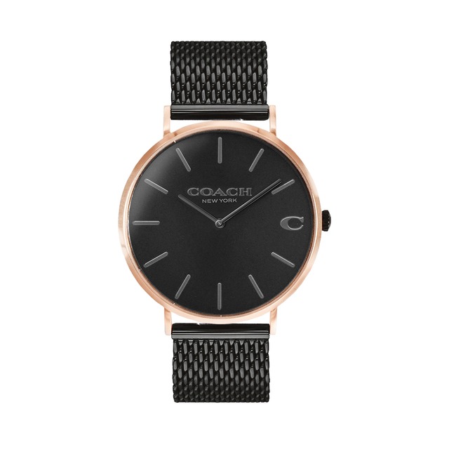 【COACH】COACH 玫瑰金框 黑面 黑色米蘭帶腕錶 (14602470)