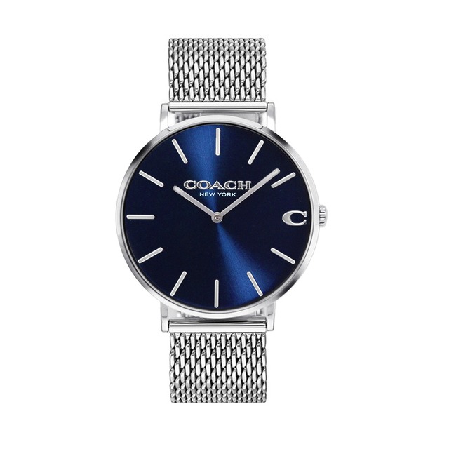 【COACH】COACH 銀框 藍面 銀色米蘭帶腕錶 (14602437)
