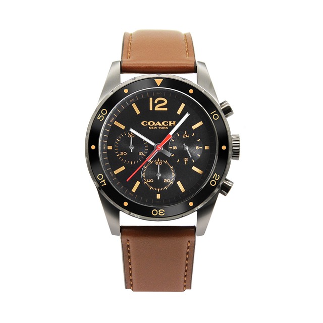 【COACH】Sullivan系列 黑面 黑框 咖啡色皮革錶帶 三眼計時腕錶 手錶 男錶(1