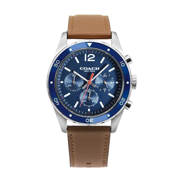 【COACH】Sullivan系列 藍面 銀框 咖啡色皮革錶帶 三眼計時腕錶 手錶 男錶(1
