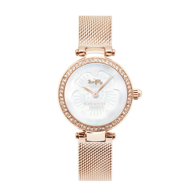 【COACH】玫瑰金框晶鑽 白色花朵錶盤 局部貝殼面 玫瑰金米蘭女性腕錶手