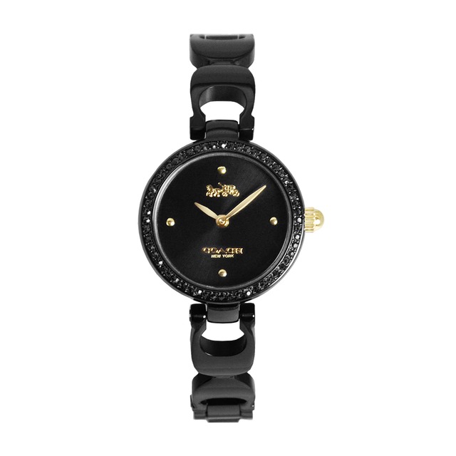 【COACH】黑色系晶鑽 金色刻度 時尚C字手鍊腕錶 女性腕錶 手錶(14503564)