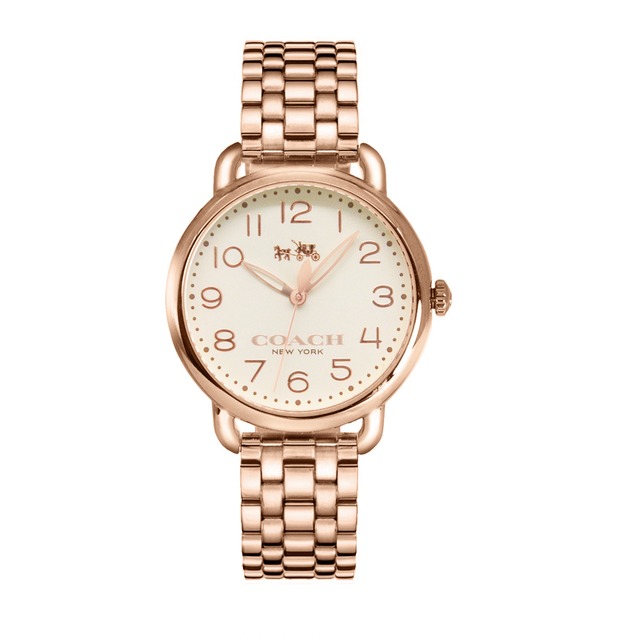 【COACH】經典小馬車 米黃面 玫瑰金框 不銹鋼錶帶 手錶 腕錶-36mm(14502262)