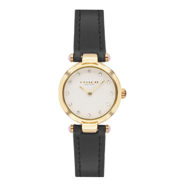 【COACH】Cary系列 金框 米白面 黑色皮革錶帶 腕錶 女錶(4014)