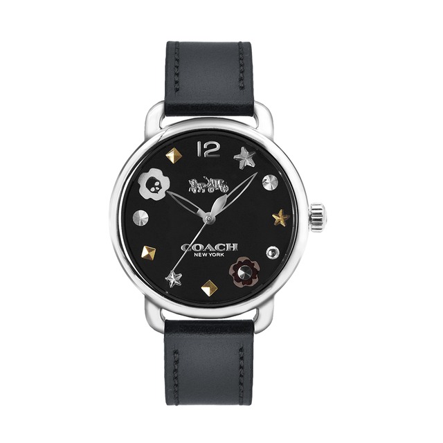 【COACH】Delancey系列 銀框 黑色皮革 立體時標 女錶(2780)