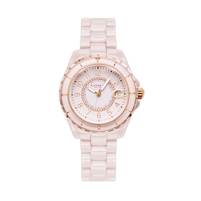 【COACH】粉色系搭玫瑰金 晶鑽粉彩陶瓷女錶(14503463)