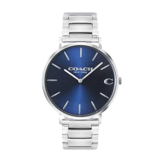 【COACH】銀殼系 藍面 C字 鋼帶腕錶 男錶 手錶(14602429)
