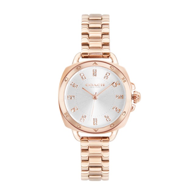 【COACH】LOGO錶圈 玫瑰金框 白面 不鏽鋼錶帶 28mm 女錶(4154)