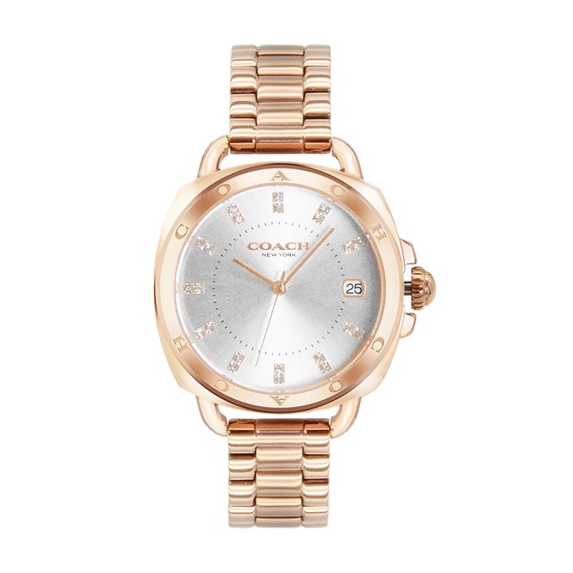【COACH】LOGO錶圈 玫瑰金框 白面 不鏽鋼錶帶 34mm 女錶(4158)