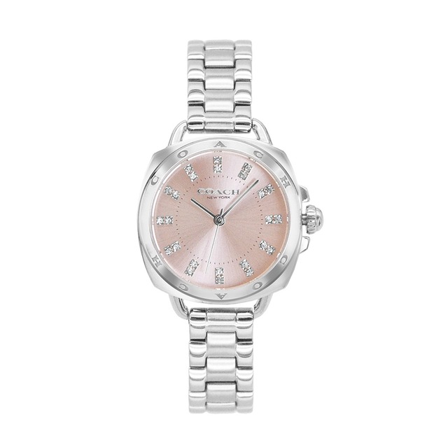 【COACH】LOGO錶圈 銀框 粉面 不鏽鋼錶帶 28mm 女錶(4152)