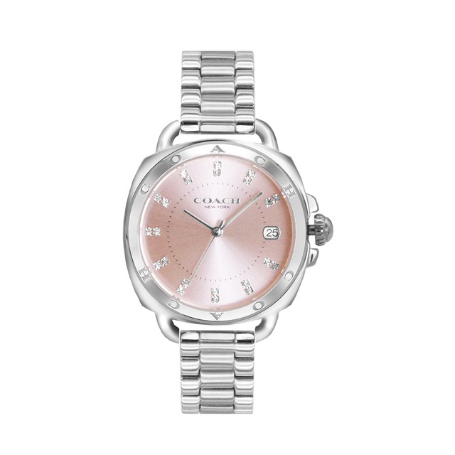 【COACH】LOGO錶圈 銀框 粉面 不鏽鋼錶帶 34mm 女錶(4156)