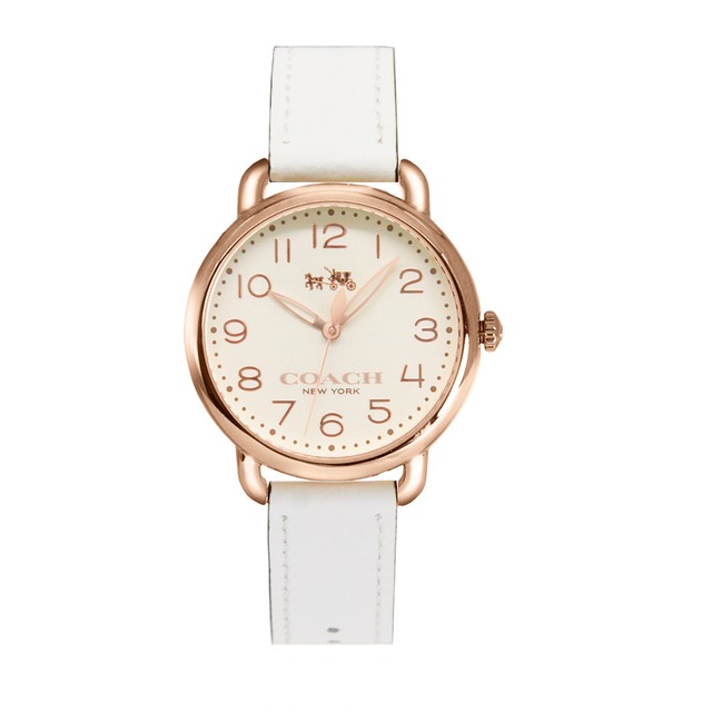 【COACH】玫瑰金框 米白面 經典馬車 白色皮革錶帶 女錶(14502716)
