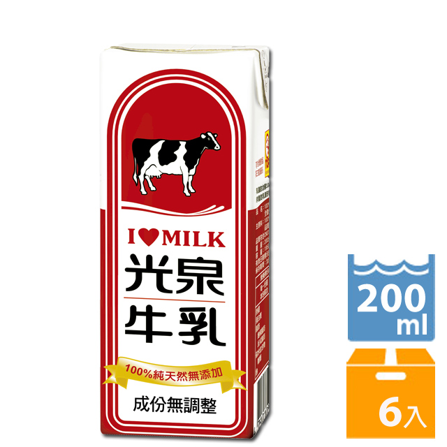 光泉 成份無調整牛奶-全脂乳200ml(6入)