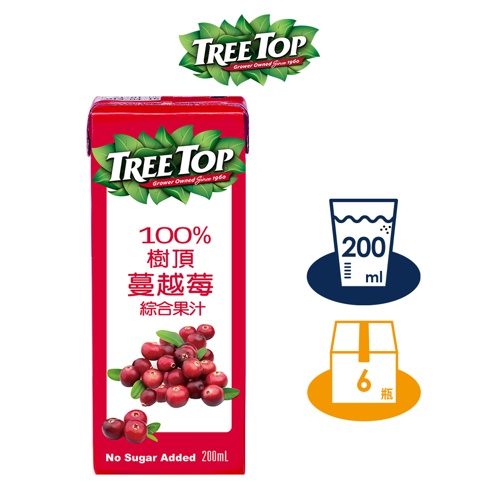 【TREE TOP樹頂】100%嚴選蔓越莓綜合果汁 200ml 利樂包x6