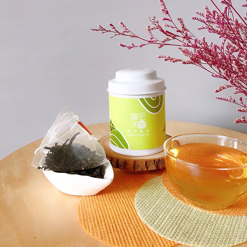 【無花不茶】原葉花茶系列-原味經典款：茉莉綠茶—3g三角茶包*3入小鐵罐裝*5罐