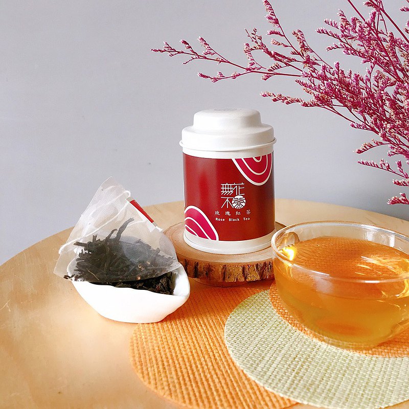 【無花不茶】原葉花茶系列-紅茶款：玫瑰紅茶—3g三角茶包*3入小鐵罐裝*5罐
